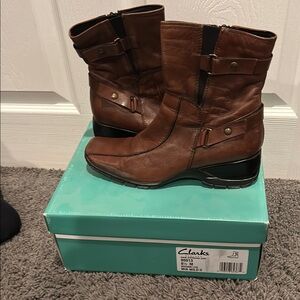 Clarks Brown Heeled Boots with Decorative Straps